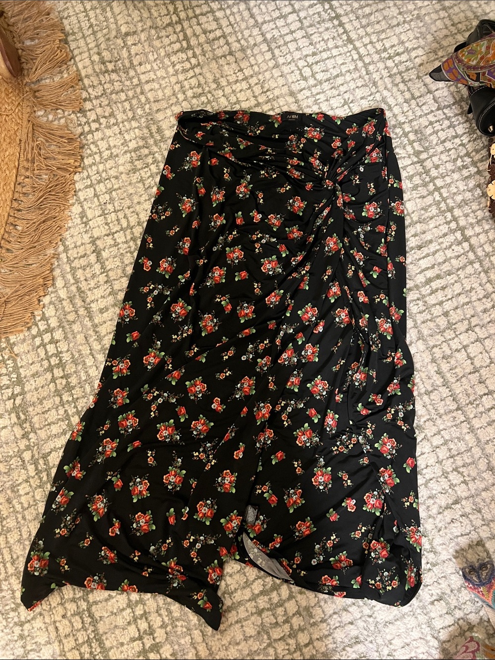 AFRM Black Maxi Skirt with Red Floral Print